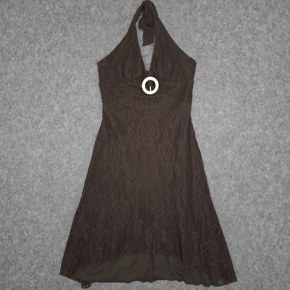My Michelle Dress Juniors L Brown Lace Halter‎ Fit Flare Lined Y2K Vintage 90s